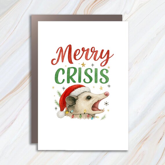 Merry Crisis Opossum Funny Christmas Card With Santa Hat And Lights C832