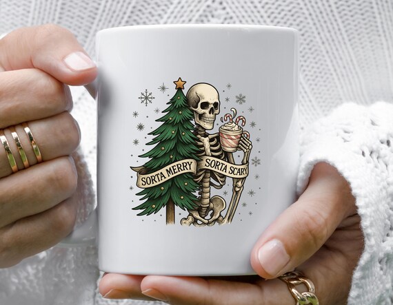 Sorta Merry Sorta Scary Mug, Funny Christmas Mug, Christmas Skeleton Mug, Cute Spooky Season Mug M833