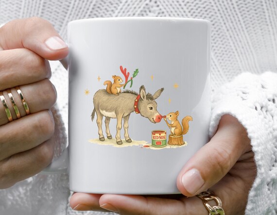 Red Nose Donkey Mug, Festive Humor, Cheeky Squirrel Dress Up, Funny Animal Christmas, Comedy Creatures M839