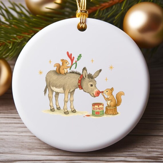 Funny Red Nose Donkey Ornament With Cheeky Squirrel Festive Holiday Animals Christmas Comedy O839