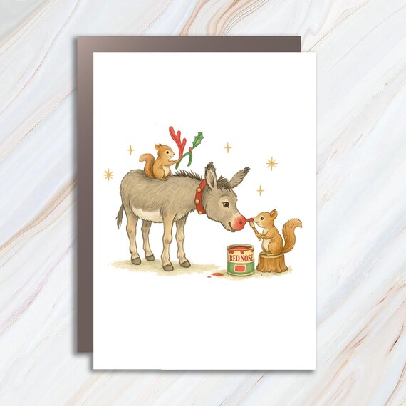Red Nose Donkey Card With Cheeky Squirrel Dress Up - Festive Funny Animals Christmas Comedy C839