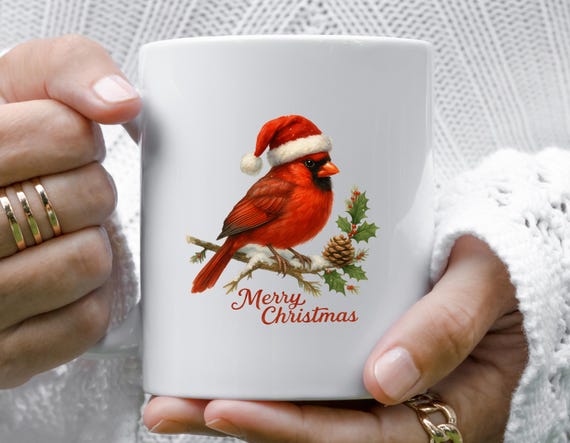 Red Cardinal With Christmas Hat Mug, Merry Christmas Decoration, Festive Bird Design M847