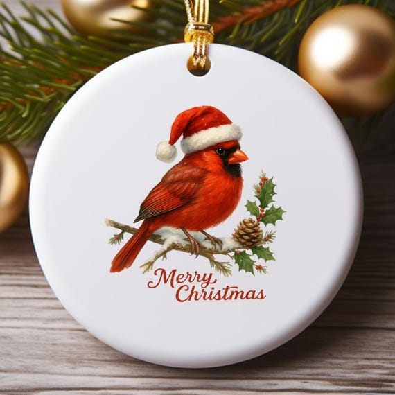 Red Cardinal Christmas Hat Ornament, Round Wreath Decoration, Merry Christmas Door Hanger O847