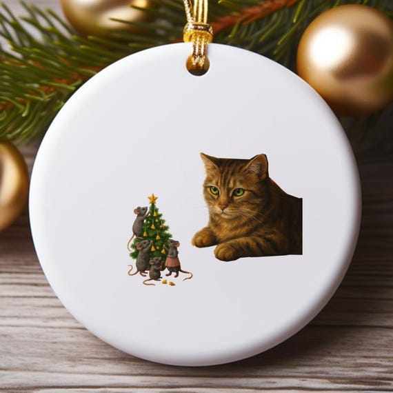 Christmas Ornament Cat And Mice - Peeping Tom Cat Watching Mice Decorate Tree O849