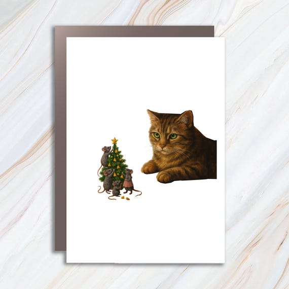 Christmas Card With Cat And Mice - Peeping Tom Cat Watching Mice Decorate Tree C849