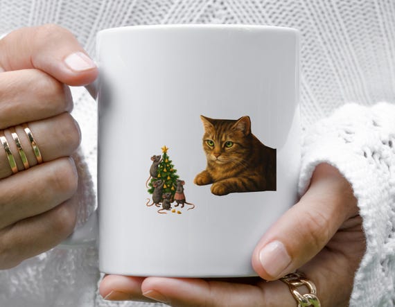 Christmas Mug With Cat And Mice - Peeping Cat Watching Mice Decorate Tree M849