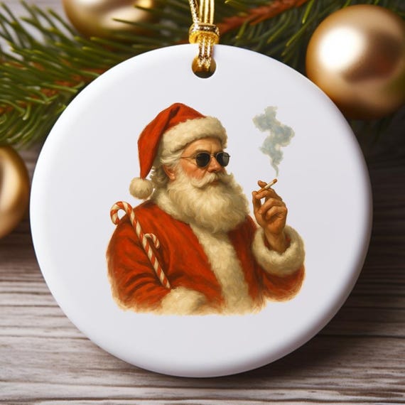 Santa Smoking Ornament, Funny Christmas Ornament, Ugly Sweater Party Decor, Holiday Ornament, Christmas Gift, Gift For Him O850