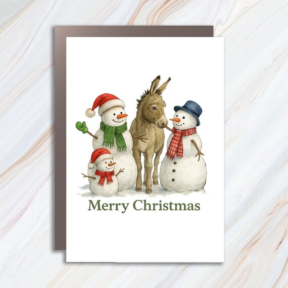 Funny Donkey Christmas Card With Snowmen And Carrot Watercolor Illustration C851