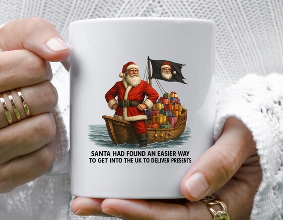 Funny Christmas Mug, Santa In A Dinghy With Presents On A Beach M852