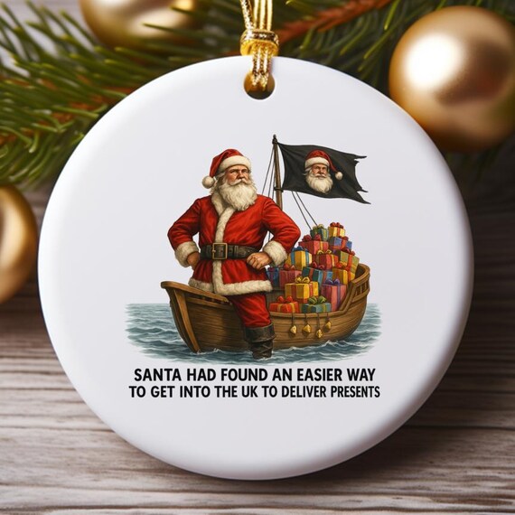 Funny Christmas Ornament, Santa In A Dinghy With Presents On Beach O852