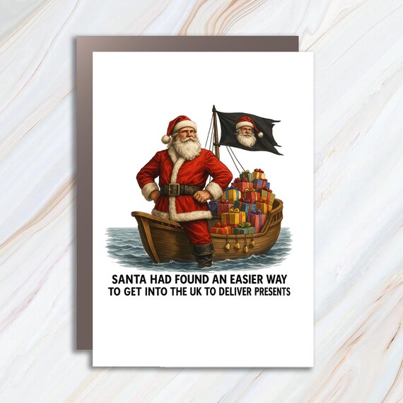 Funny Christmas Card, Santa In A Dinghy With Presents On UK Beach C852