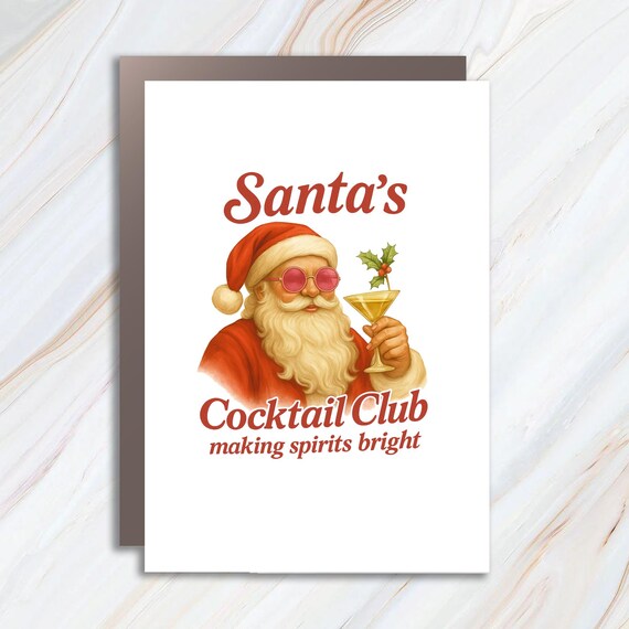 Santa's Cocktail Club Card, Funny Christmas Card, Holiday Party, Retro Santa, Espresso Martini, Dirty Martini C853