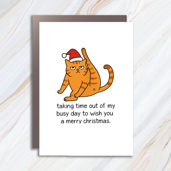 Funny Grumpy Tabby Cat Christmas Card: Holiday Greeting with Santa Hat C875
