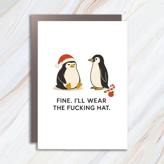 Funny Rude Penguins Christmas Card - Santa Hat - Recycled C876