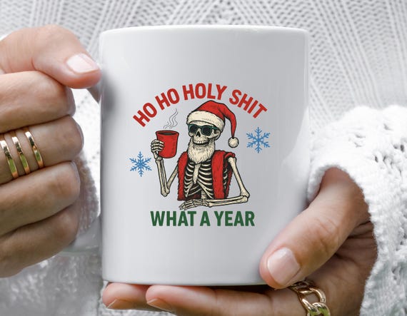 Funny Christmas Mug, Skeleton Santa Claus With Red Hat, Ho Ho Holy Shit What A Year, Snowflakes Design M886