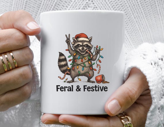 Feral And Festive Raccoon Mug, Funny Christmas Raccoon Design, Cute Holiday Coffee Cup, Funny Xmas Mug M887