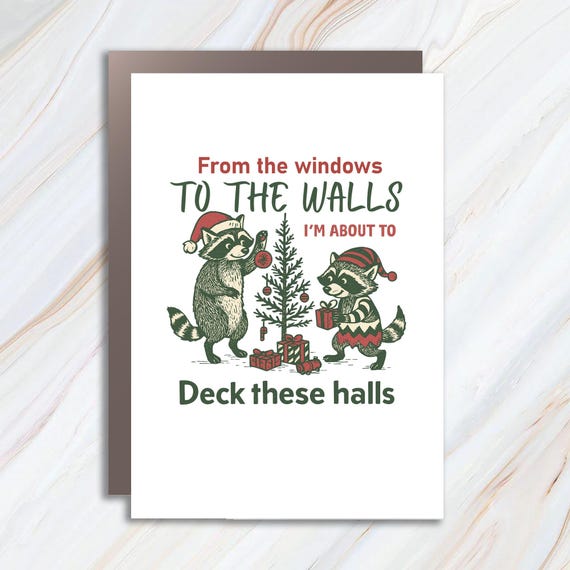 Retro Christmas Greeting Card - Funny Holiday Card With Raccoon Design - Humorous Christmas Card C889