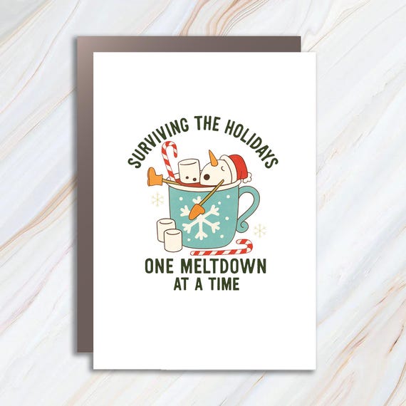 Snowman Coffee Cup Greeting Card: Holiday Meltdown With Santa Hat And Candy Cane C891