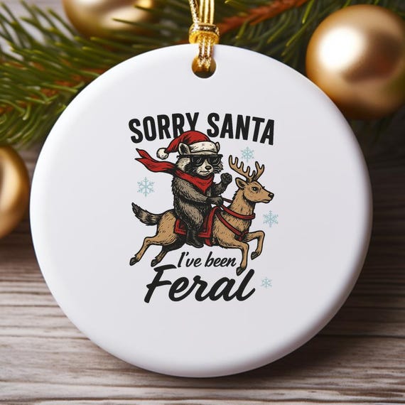 Retro Christmas Ornament – Funny Raccoon With Santa Hat Decoration – Holiday Design O892