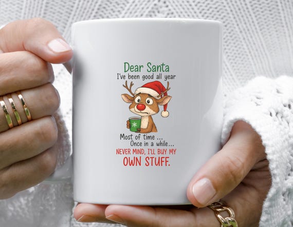 Funny Reindeer Christmas Mug With Santa Hat And Green Snowflake Design M905