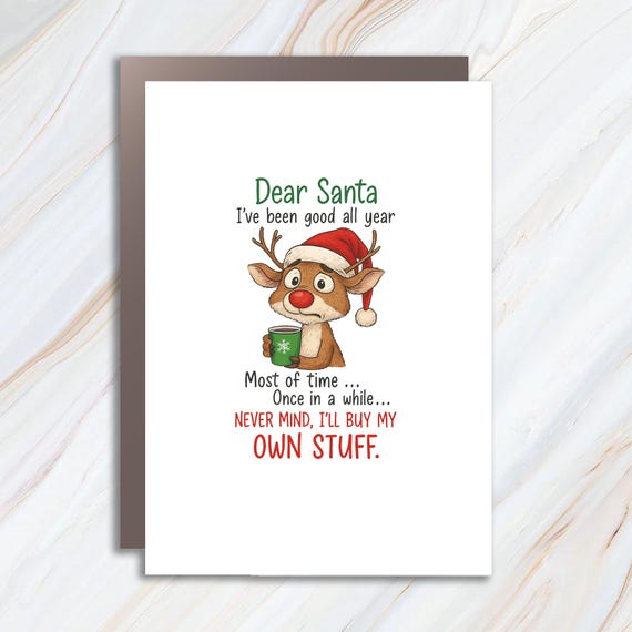 Funny Reindeer Christmas Greeting Card With Santa Hat And Mug - Humorous Holiday Design C905