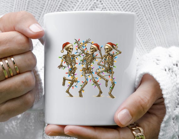 Funny Christmas Skeleton Mugs, Dancing Skeletons With Santa Hats And Lights, Dead Inside Holiday Design M907