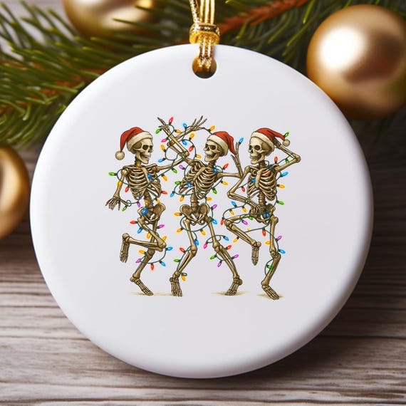 Funny Dancing Skeletons Ornament With Santa Hats And Christmas Lights, Dead Inside Holiday Design O907