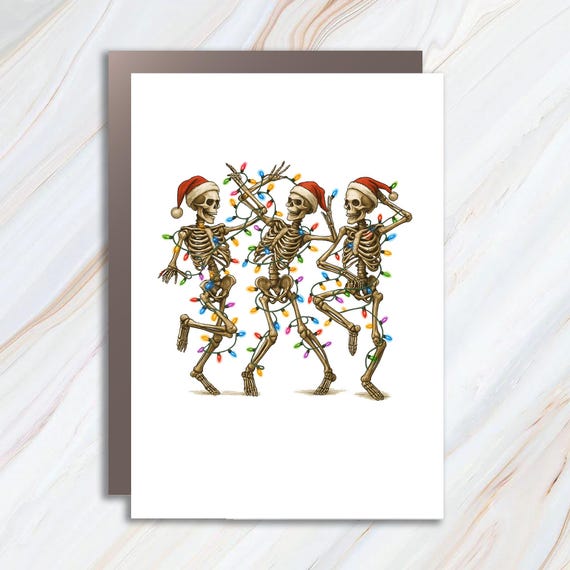 Funny Dancing Skeletons Christmas Greeting Card With Santa Hats And Lights, Dead Inside Holiday Design C907