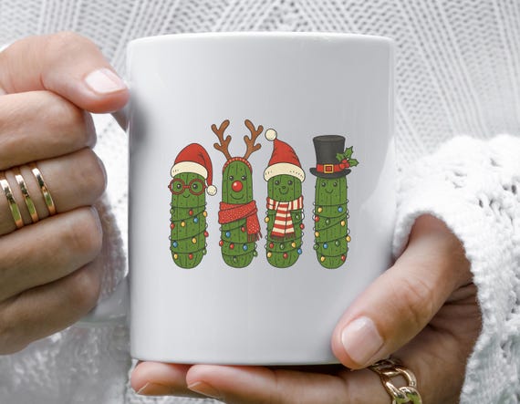 Funny Christmas Pickle Mug, Holiday Pickles, Festive Cucumber Mugs, Whimsical Pickle Characters, Christmas Lights M910