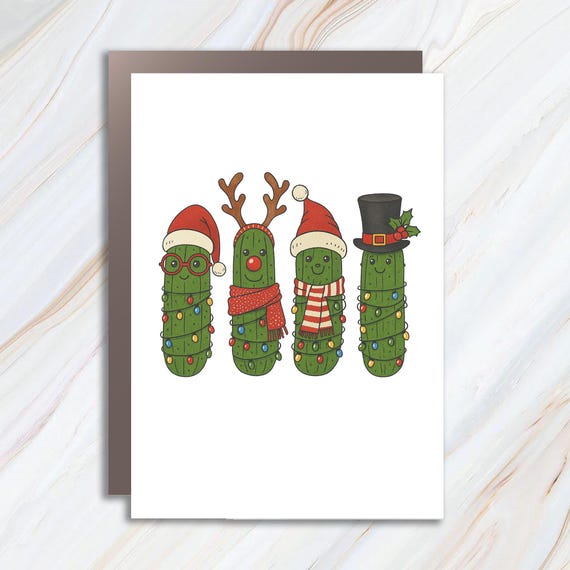 Funny Christmas Pickle Greeting Cards, Holiday Cucumber, Festive Pickles With Santa Hat & Reindeer Antlers C910
