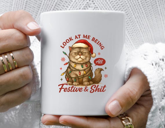 Grumpy Cat Christmas Mug: Funny Sarcastic Holiday Design With Santa Hat & Lights M912