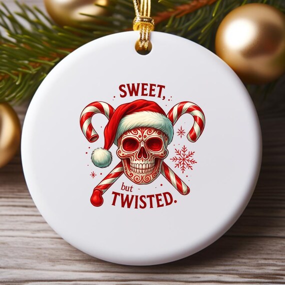 Skeleton Christmas Ornament, Funny Snarky Holiday Decor, Spooky Halloween Christmas, Candy Cane Skull Design O919