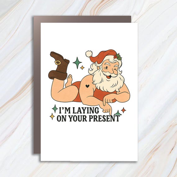 Funny Christmas Greeting Card Naughty Santa Claus Laying On Your Present C923