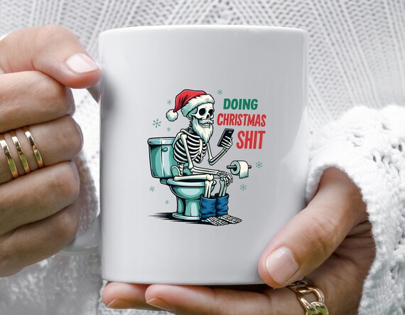 Funny Christmas Skeleton Mug, Doing Dad Shit, Santa Hat, Holiday Humor, Snowflakes, Cartoon Style M924