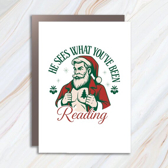 He Sees What You've Been Reading Funny Christmas Card For Book Lovers, Bookish Holiday Greeting Card C926