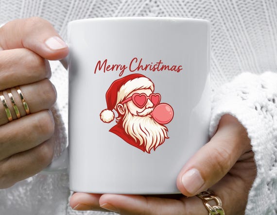 Retro Christmas Mug, Preppy Holiday Decor, Santa Blowing Gum Design, Festive Dorm Mug, Xmas Coffee Cup M929