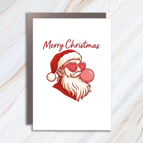 Retro Christmas Greeting Card, Preppy Holiday Santa Blowing Gum, Festive Dorm Xmas Card C929