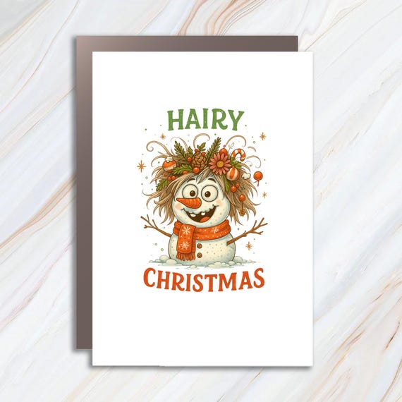 Funny Snowman Greeting Cards, Crazy Hair Snowman, Christmas Cartoon With Floral Hat, Holiday Card C933