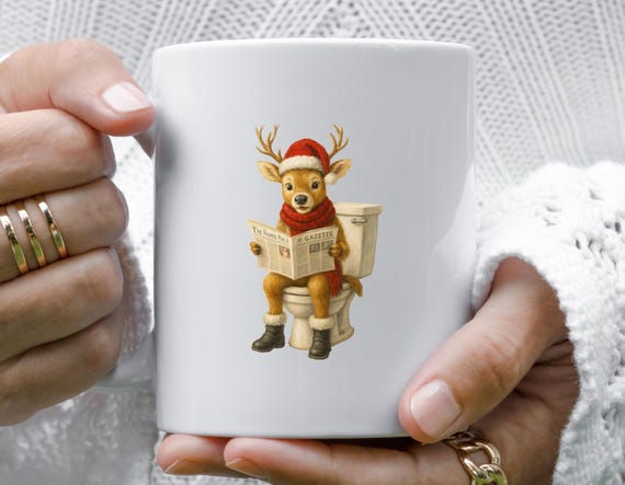 Reindeer On The Toilet Funny Christmas Mug, Festive Bathroom Decor, Humorous Holiday Mug Gift M935