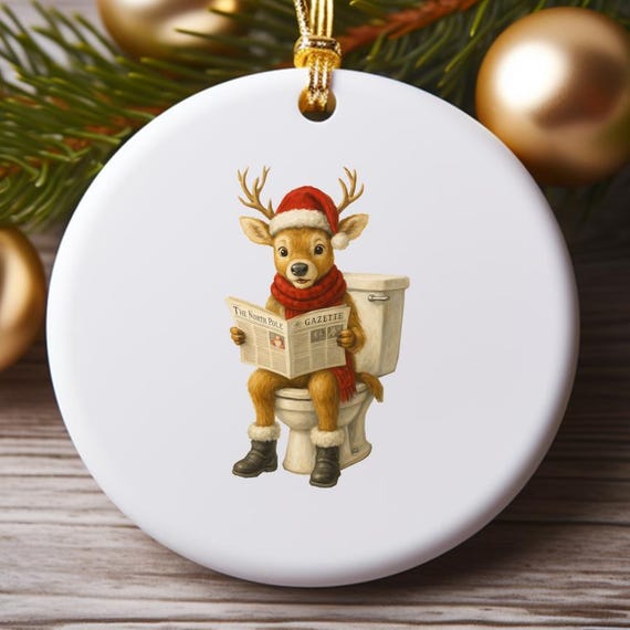 Reindeer On Toilet Ornament, Funny Christmas Decor, Bathroom Humor Ornament, Festive Holiday Decor O935