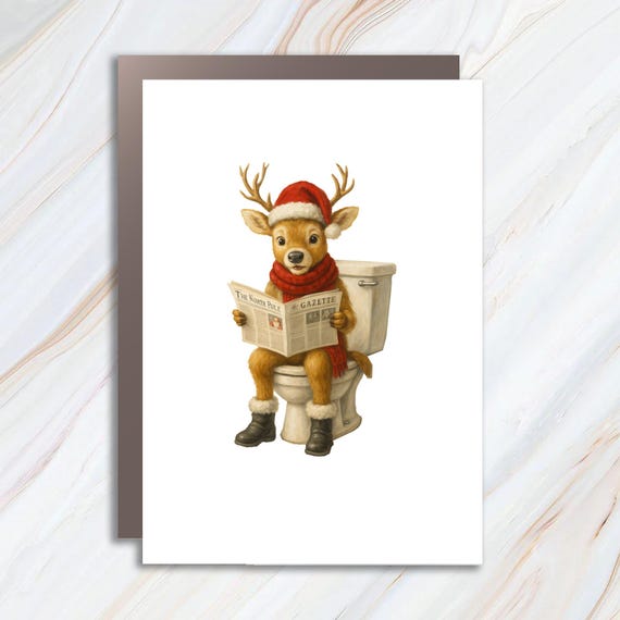 Reindeer On Toilet Funny Christmas Greeting Card, Holiday Bathroom Humor, Trendy Festive Deer Art C935