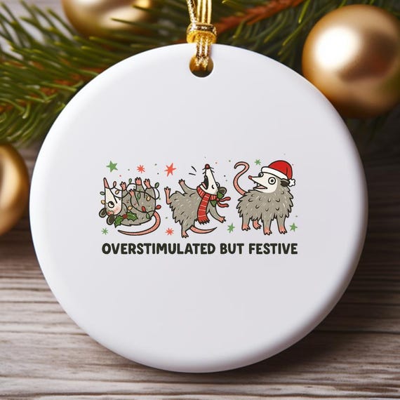 Overstimulated Festive Possum Christmas Ornament, Funny Possum Ornament, Trashcore Meme Decoration O952