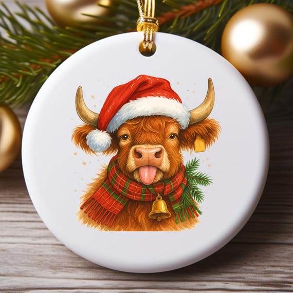 Christmas Highland Cow Ornaments: Funny Watercolor Farm Animal Decoration O955