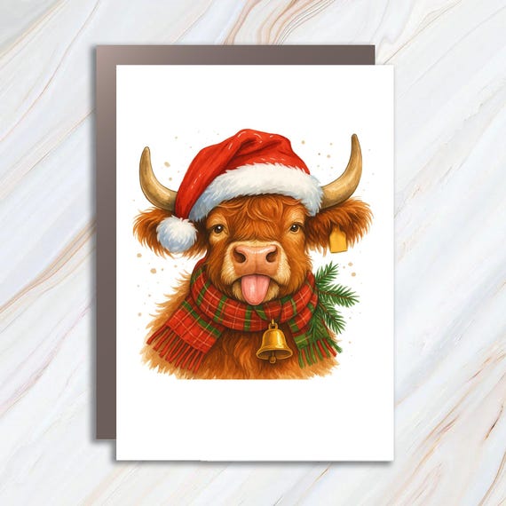 Funny Christmas Highland Cow Greeting Cards: Watercolor Farm Animal Holiday Art C955