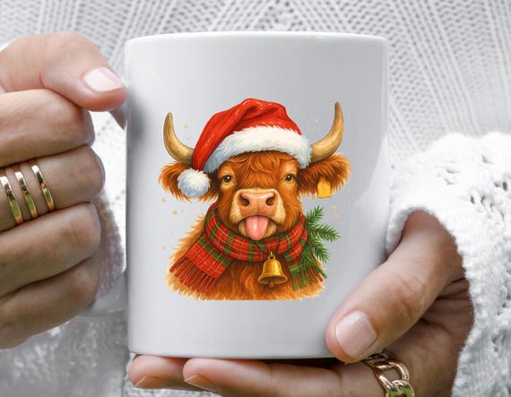 Funny Christmas Highland Cow Mugs: Watercolor Farm Animal Design M955