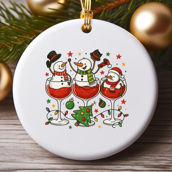 Funny Snowmen Ornaments, Christmas Decor With Snowmen In Wine Glasses, Holiday Cheer O961