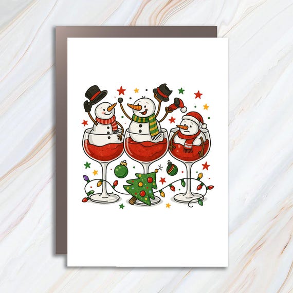 Funny Snowmen Christmas Greeting Cards With Red Wine Glasses And Holiday Lights C961