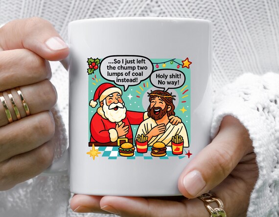 Funny Santa & Jesus Christmas Mug: Sharing A Burger And A Joke Holiday Humor M964