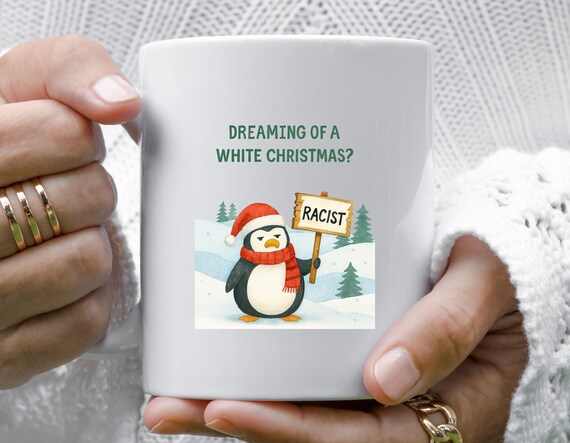 Funny Dark Humor Christmas Mug: Edgy Penguin Design With Santa Hats M963