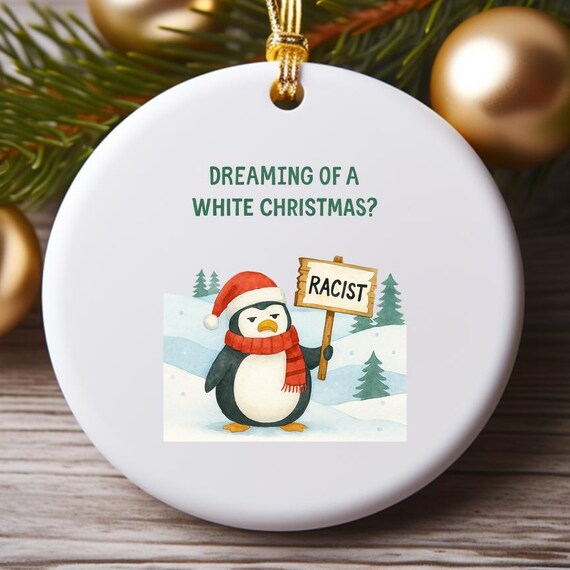 Dark Humor Christmas Ornament: Edgy Penguin Design With Santa Hats And Funny Text O963